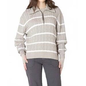 NEW DEX CLOTHING half zip cable sweater in light taupe/white stripe